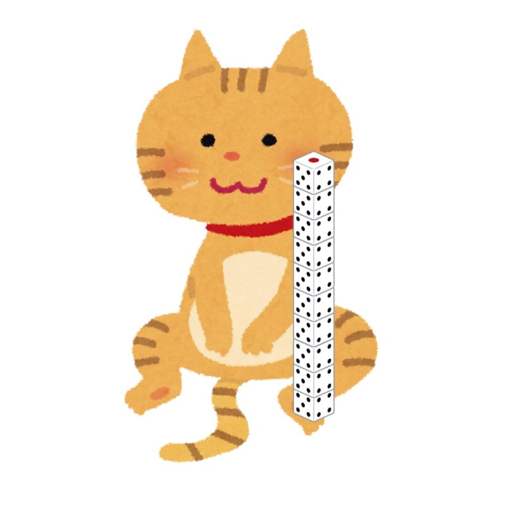 サイコロ10個を足に乗せた猫